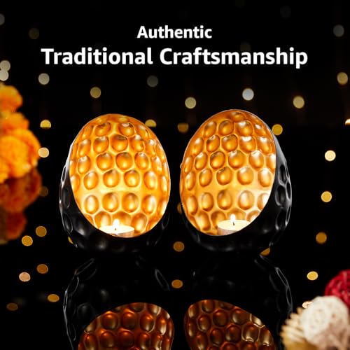 Image of Amazon Brand - Solimo Tea Light Votive - Oval Diamond Design, Black Iron with Gold Interior, Set of 2 (Size: L-12 cm x W-11 cm x H-15 cm)