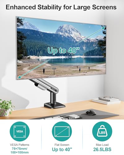 Image of MOUNT PRO Single Monitor Desk Mount for Max 40 Inch Screens, Adjustable Gas Spring Monitor Arm Holds up to 26.5lbs, Computer Monitor Stand with Clamp and Grommet Base, VESA Mount 75x75mm /100x100mm