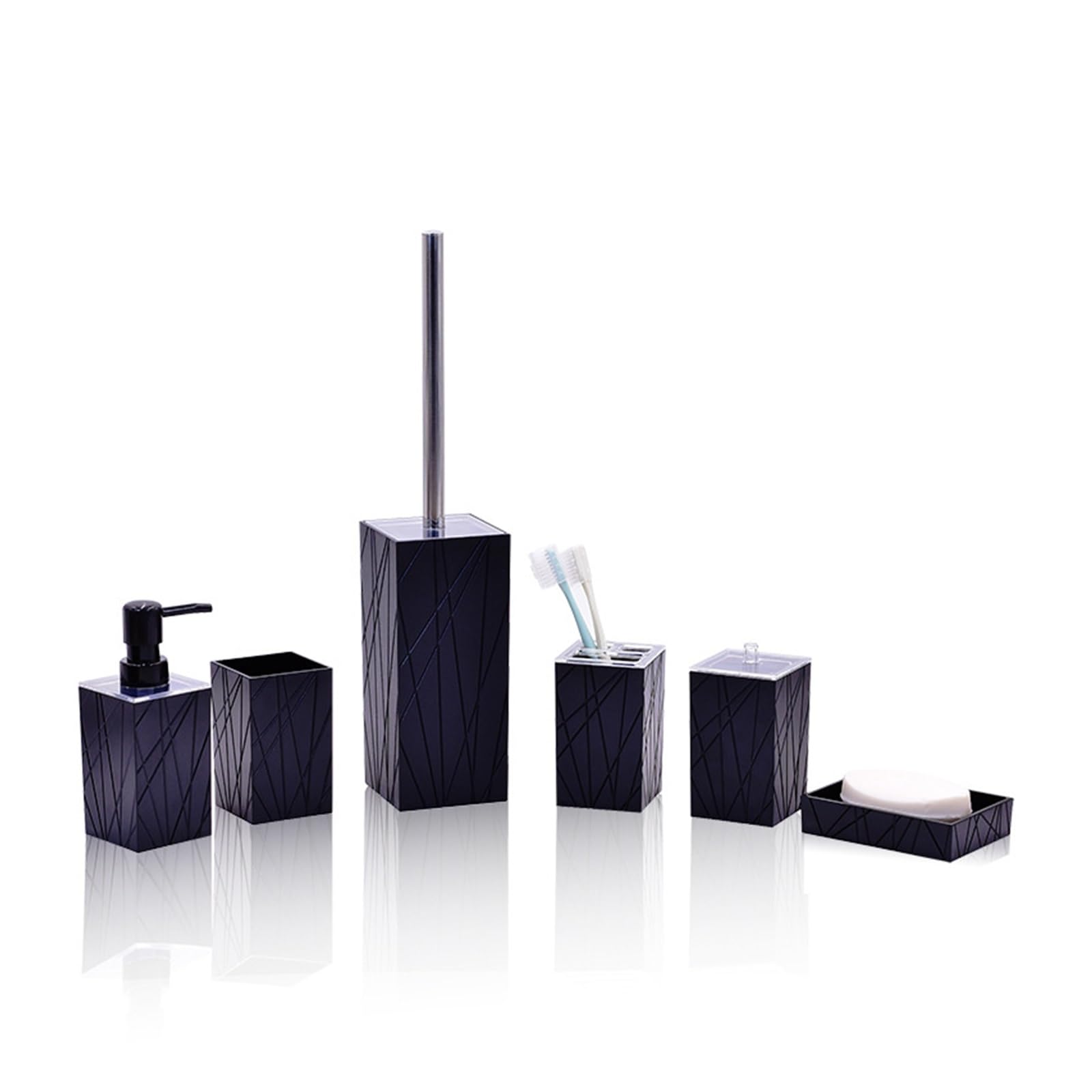 Soap And Toothbrush Holder Sets Plastic Bathroom Accessories Set Toilet Brush Soap Dispenser Mouthwash Cup Toothbrush Holder Soap Dish Cotton Swab Box(T230-6 black)