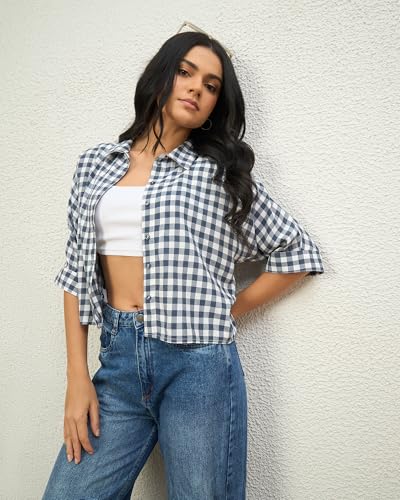 Image of Chimpaaanzee Women Checks Half Sleeve Crop Shirt