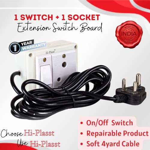 Image of Hi-Plasst 1+1 Pin Extension Board with 1 Switch & 1 Socket, 6A, 4-Yard Long Cord - Wall-Mountable Power Hub for Home, Office, Diwali Lights, Christmas Decor & Kitchen Appliances