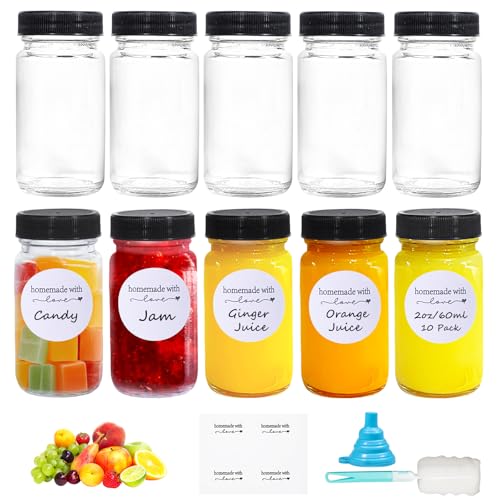 Amentalove 10 Piezas 2oz /60ml Botella Cristal Pequeña, Shots Botellitas, Mini Botellas de Cristal con Tapa, Mini Shot Botellitas con Etiquetas Bolígrafo Cepillo Embudo para Zumo Leche Jengibre