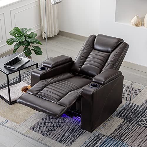 Merax Power Motion Recliner,Home Theater Seating Living Room Furniture With Adjustable Headrest Hidden Arm Storage Led Lighting, Brown #TOP2