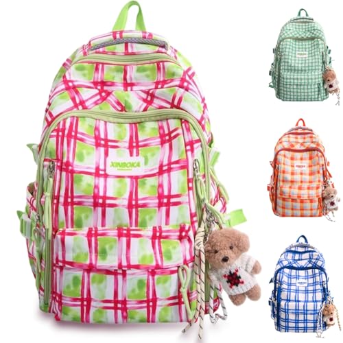 Teclado Kawaii Backpack with Cute Accessories Plaid Nylon Casual Bookbags with Pendants Laptop Bag Travel Daypacks (Pink)