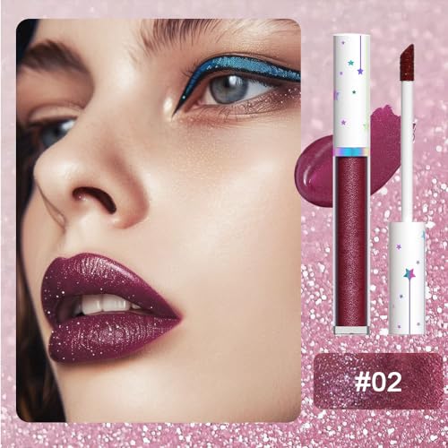 Image of evpct 1Pcs Dark Wine Red Metallic Shimmer Glitter Lip Gloss Liquid Lipstick Long Lasting Waterproof 24, Glitter Pearlescent Metallic Sparkly Liquid Lipsticks Lip Stains Makeup Set for Women 02