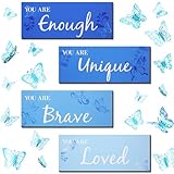 Blulu 4個 バタフライ インスピレーショナル 引用 木製 壁飾り 3D 蝶 壁 装飾 女の子 部屋 インスピレーション ギフト ティーン ガールズ 女性 部屋 保育園 寝室 バスルーム (ブルー)