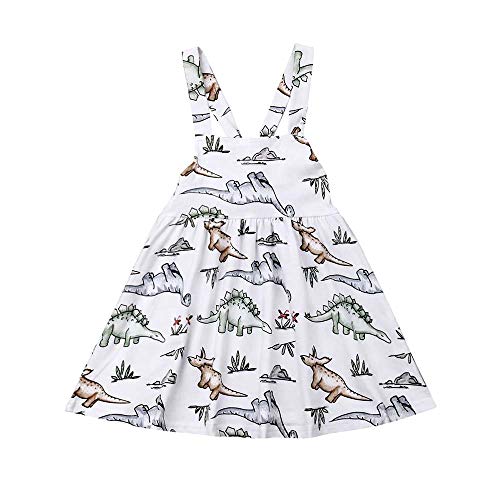 Toddler Baby Girls Dinosaur Dress Sleeveless Strap Tutu Skirt Backless Sundress Birthday Party Princess Dress (White, 3-4 Years)