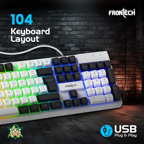 Image of Frontech Quantum Striker Gaming Combo | Rainbow Backlit Keyboard with Optical Mouse | 2400 DPI Adjustable | 4 Button Mouse | USB Plug & Play | 104 Keys | 1 Year Warranty (KB-0050WHT)