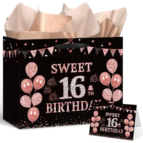 Yoirrat Black Rose Gold 16th Birthday Gift Bag with Sweet 16 Birthday Greeting Card and Tissue Paper for Girls Happy 16th Birthday Gift Wrap Bag for 16th Birthday Christmas Party Decorations Supplies