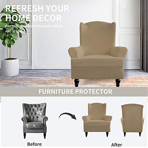 Image of Easy-Going Stretch Wingback Chair Sofa Slipcover Tan | 1-Piece Sofa Cover Furniture Protector Couch Soft with Elastic Bottom, Spandex Jacquard Fabric Small Checks