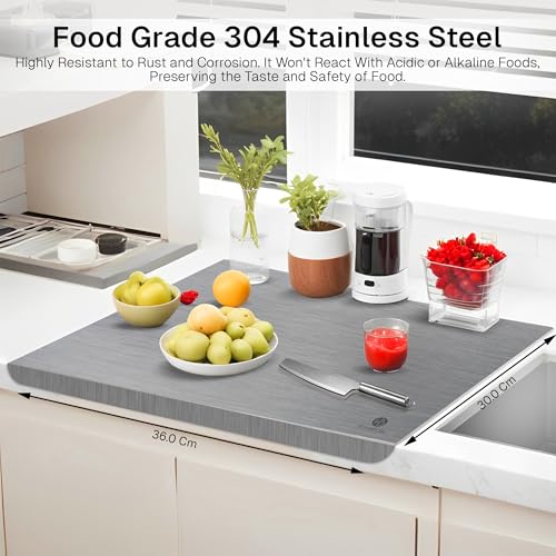 Image of HomeBasic Steel Chopping Board 36x30 cm | Food Grade 304 Stainless Steel | Counter Lock L-Edge | Reversible | Dishwasher Safe | Rounded Corners | Cutting Board for Vegetables, Meat & Fish