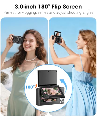 4K 64MP Digital Camera with Flip Screen, Retro Vlogging Cameras for YouTube, Compact Photography Camera Gift for Beginners & Teens, Travel Video Camera with 32G Card, 2 Batteries(Black) - Image 6