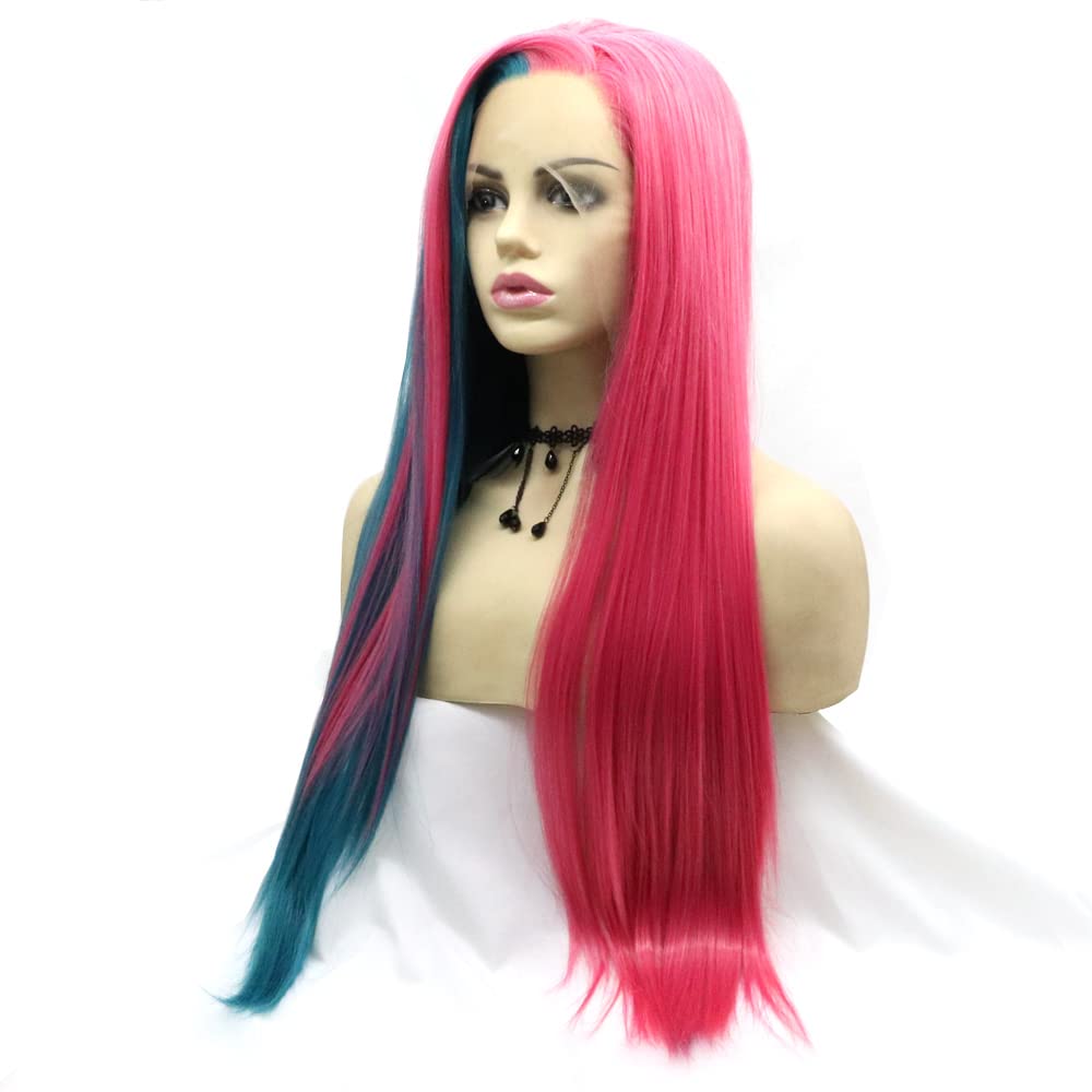 Xiweiya Rose Red Mix Green Wig Highlight Multi Color Synthetic Lace Front Wig Stright Light Lace Front Wig with Side Part Heat Resistant Fiber Hair for Women 24inch - Image 3