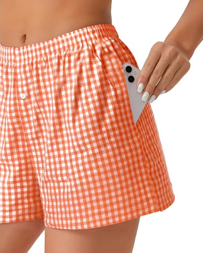 Image of Women Boxer Shorts Summer Gingham Pj Casual Plaid Bottoms with Pocket