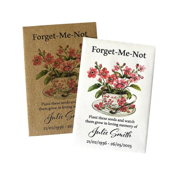 Personalised Forget Me Not Funeral Seed Packet Favours, Pink Forget Me Not Seeds Included, Memorial Funeral Favours, Pack of 10 Favours (Teacup)
