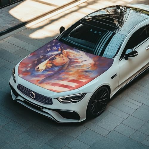Image of US Flag Horse Car Hood Cover Stretch Polyester Car Hood Cover Removable Automotive Accessories Suitable Most Automotive Sedans Trucks Pickup Sports Cars