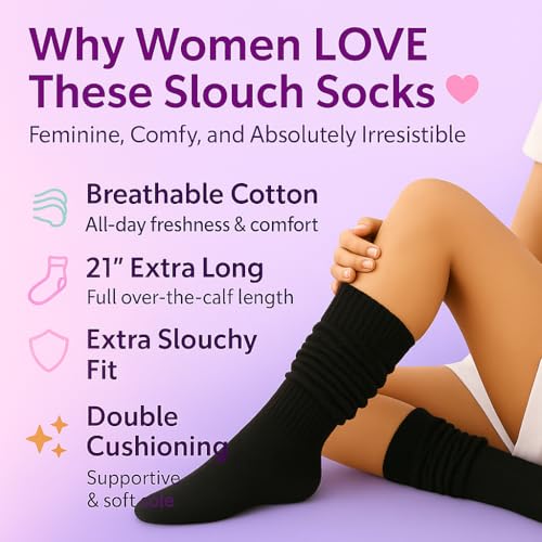 Image of Women's Retro Style Cotton Slouch Socks Extra Long Scrunch Knee High Fits Shoe Sizes 5-10