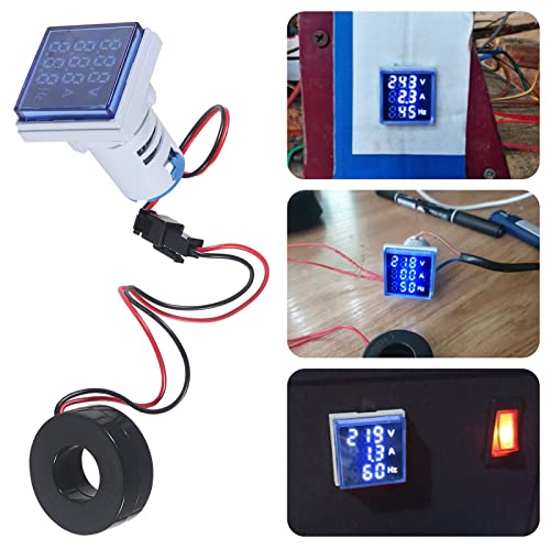 Image of 2PCS Current Voltage Hertz Meters, Digital 3 in 1 22mm Voltmeter Ammeter Hz Meter AC 60-500V 0-100A 20-75Hz Current Frequency Indicator LED Digital Voltage Amp Tester with CT (Blue)