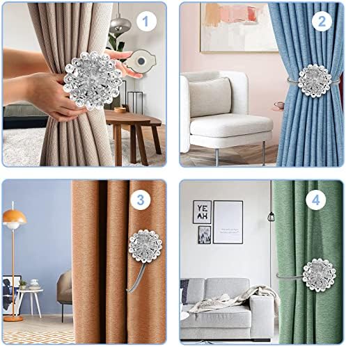 IAGORYUE Curtain Tie Back 2 Pcs Crystal Magnetic TieBacks for Curtains Hold Drapery Holdback Clip with Metal Spring Rope Home Office Hotel Window Treatment Deco No-Install/Drill/Hook - Silver + 2 Pack