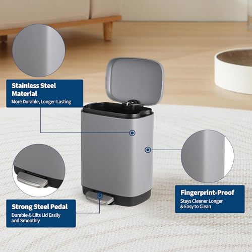 Papelera de baño rectangular de acero inoxidable 12L con tapa de cierre suave y pedal miniatura 6