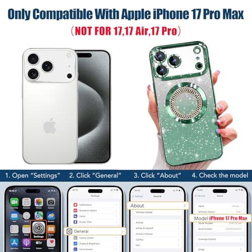 Image of Misscase for iPhone 17 Pro Max Magnetic Glitter Case Compatible with MagSafe,Full Protection Slim Shockproof Anti-Scratch Case with Camera Lens Protector Plating Bling Dust-Proof Net Green