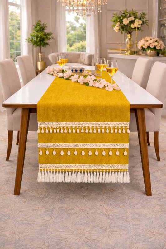 WWW.THROWPILLOW.IN Mustard Table Runner with Tassels & Kowri 14x48 Inches | Fits 3 Feet Center Table, Dresser, Office Table, Book Desk, Entry Console, Console Table, Entrance Cabinet, Bar Cabinet