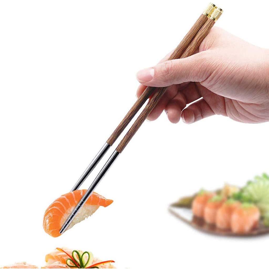 FAMMIX Juego de 10 pares de palillos de madera reutilizables de acero inoxidable 304 con estuche, palillos de alta calidad, aptos para lavavajillas, palitos chinos japoneses para sushi, fideos A