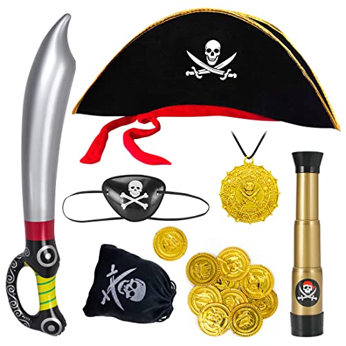 Aurasky Piraten Kostüm zubehör Kinder 7-teilig,Piratenhut Augenklappe Fernrohr Piratensäbel Totenkopfbeutel Goldenen Münzen für Kinder,Pirat Kostüm Zubehör Jungen und Mädchen für Fasching Karneval Cover