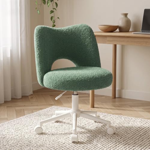 Image of DurayLoly Vanity Chair with Wheels,Open Back,Armless,Green | Soft Teddy Fabric, 6 inch Thick Cushion, Height Adjustable, 300 lbs, 360 Swivel for Vanity Table, Home Office