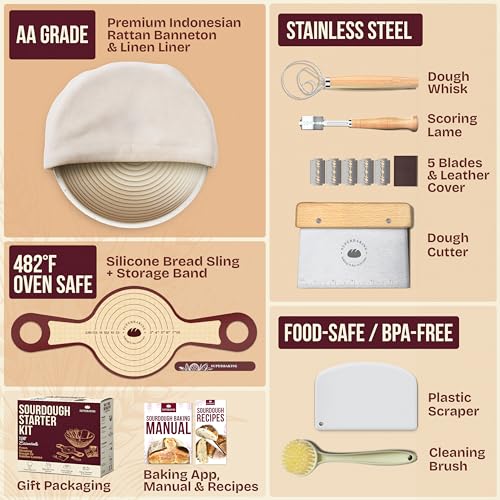 Image of Superbaking Banneton Bread Proofing Basket Set with Silicone Dough Sling, 9 inch Splinter-Free Proofing Basket, Non-Stick Dutch Oven Liner, Sourdough Starter Kit, Sourdough Bread Baking Supplies & Tools