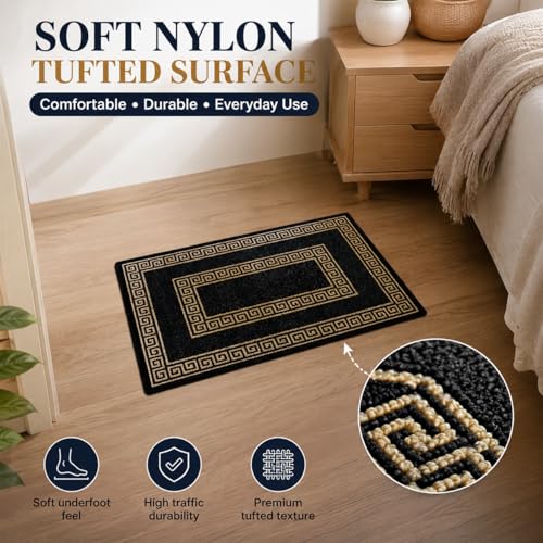 Image of Matz&More Greek Double Line Floor Mat | 40x60 CM | Black Gold | Nylon Tufted Gel Baking Anti-Slip | Doormat for Home Entrance, Kitchen & Bedroom