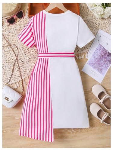 WDIRARA Girl's Striped Round Neck Short Sleeve Asymmetrical Hem Belted Dress2