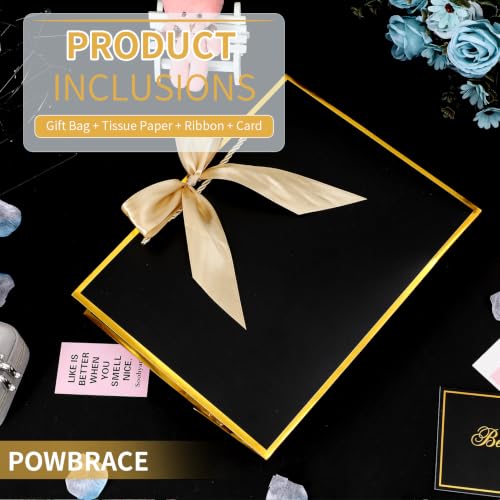 Image of Powbrace 13 inch Medium Black Gift Bag Set with Handle - 2 Bags Featuring Bows, 4 Tissues, and 2 Greeting Cards for Wedding, Baby Shower, Father's Day, Mother's Day, Birthday Party