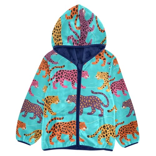 Colorful Leopard Print Toddler Fleece Jacket Girl Boys Hooded Fleece Jacket Coat Warm Outwear Zip-up 3-10T