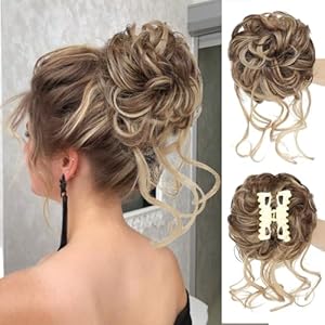 AFNOTE Messy Bun Hair Piece Claw Clip Tousled Updo Hair Buns Hairpiece Extensions Curly Faux Bun Hair Pieces for Women (Brown Mix Light Brown)