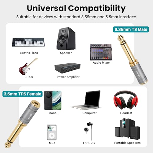 Image of 6.35mm 1 /4 Inch to 3.5mm 1 /8 Inch Adapter 2 Pack, 6.35mm Quarter Inch TS Mono Male to 3.5mm TRS Female Stereo Jack Plug Audio Converter Connector Premium Quality Series for Speaker, Headphone, Guitar