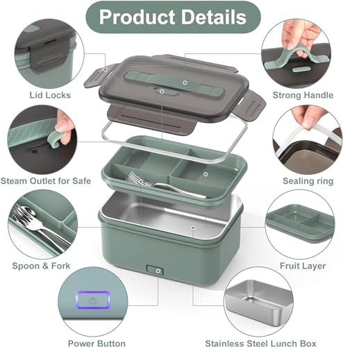 Image of Vingud Electric Lunch Box 100W, 4 in 1 Heated Lunch Box for Adults, Portable Heating Lunch Box for Work /Car /Truck, with 1.8L Stainless Steel Container, 12V 24V 110V 220V, Green Grey