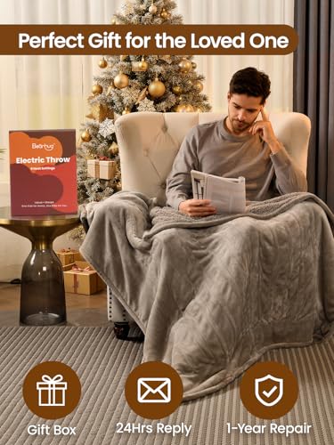 Image of Bearhug Electric Blanket Throw Size, 50 inch x 60 inch Heated Blanket with 6 Heating Levels & 4H Auto Shut-Off, Machine Washable Soft Velvet to Sherpa Reversible Heated Throw for Office, Couch and Sofa Taupe