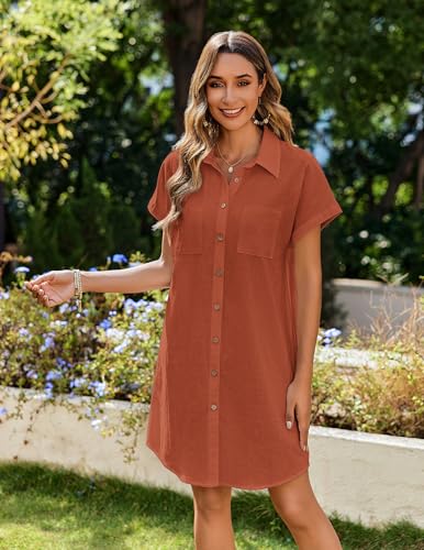 Image of Zeagoo Summer Dresses for Women 2025 Cotton Button Down Short Sleeve Tshirt Dresses Casual Mini Beach Dress