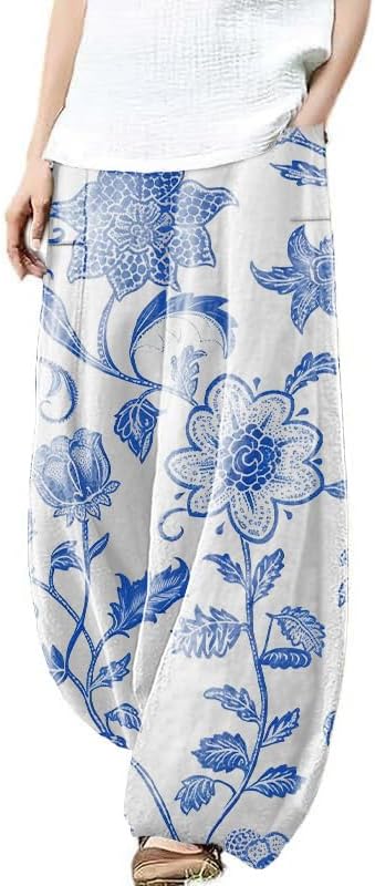 Harem Pants Women Floral Printed Wide Leg Casual Cotton Linen High Waist Summer Bea...