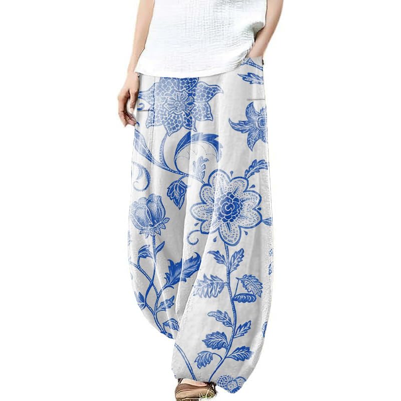Harem Pants Women Floral Printed Wide Leg Casual Cotton Linen High Waist Summer Beach Trousers with Pockets