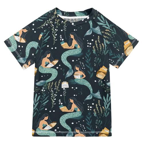 ALAZA Kids Rash Guard Girls Toddler Swim Shirts Short Sleeve Mermaid Reading UPF 50+ 3T