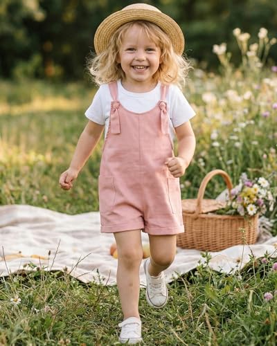 Image of HINTINA Toddler Girl Overall Shorts Set Adjustable Loose Jumpsuit Short Sleeve T-shirt Vacation Summer Outfits with Pockets