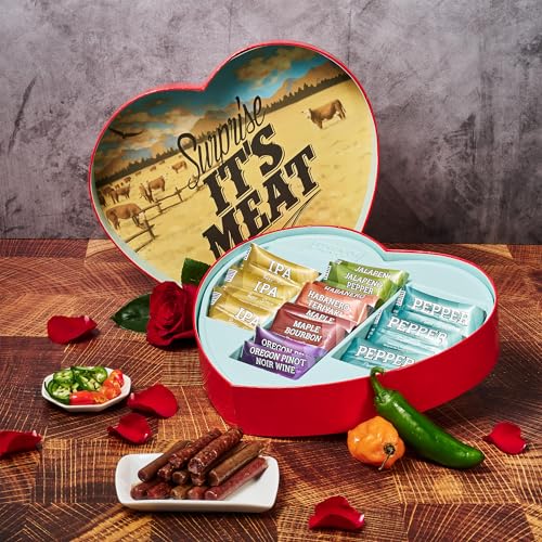 Valentine’s Day Jerky Gift for Men – Jerky Heart with 14 Beef & Pork Sticks – Heart-Shaped Meat Snack Box for Him, Boyfriend, Husband
