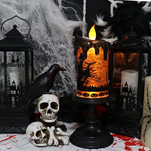 Image of Halloween Flameless Candle Snow Globe Battery Operated with 6 Hour Timer, Yellow Light Bat Decal Water Tornado Lamp LED Candlestick Halloween Season Decor Gift 4 x 10 Inches