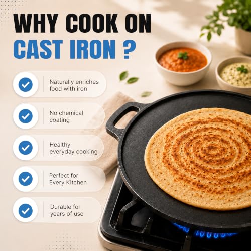 Image of DOCAT Cast Iron Dosa Tawa 30 cm | Pre-Seasoned Iron Tawa for Dosa, Roti, Chapati & Paratha | 8 mm Heavy Duty, Gas, Induction, Electric & OTG Friendly | 100% Pure & Toxin-Free, No Chemical Coating