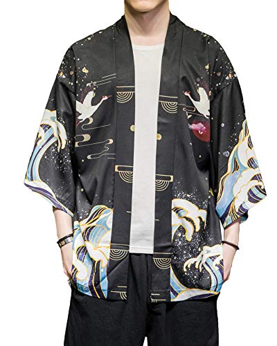 Image of Men's Japanese Kimono Robe Jacket Lightweight 3 /4 Sleeve Open Front Yukata | Silky Smooth Fashion Print Happi Coat Lightweight Breathable Loose Unisex Haori Casual Summer Cardigan Daily Beach Vacation
