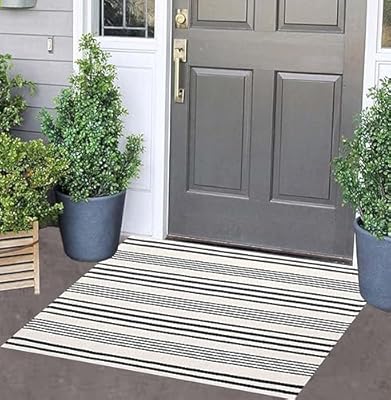 Black and White Striped Doormat 24'' x 35'' Front Porch Rug Machine Washable Indoor Outdoor Doormat for Front Porch Hand-Woven Entryway Rug for Laundry/Bathroom/Bedroom