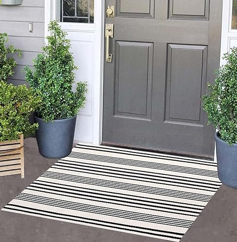 Black and White Striped Doormat 24 x 35 Front Porch Rug Machine Washable Indoor Outdoor Doormat for Front Porch Hand Woven Entryway Rug for LaundryBathroomBedroom