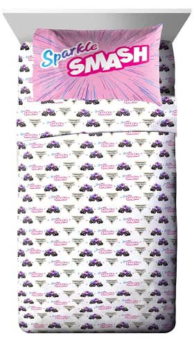 Image of Monster Jam Twin Comforter Set 5 Piece Kids Bedding for Girls, Pink | Sparkle Smash, Bed in a Bag, Comforter Sheets Sham Pillowcase, Soft Microfiber, Machine Washable, Girls Gift